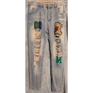 Beahala  Jeans Cartoon & Letter Patched Ripped Slim Straight Jeans Men's Jeans